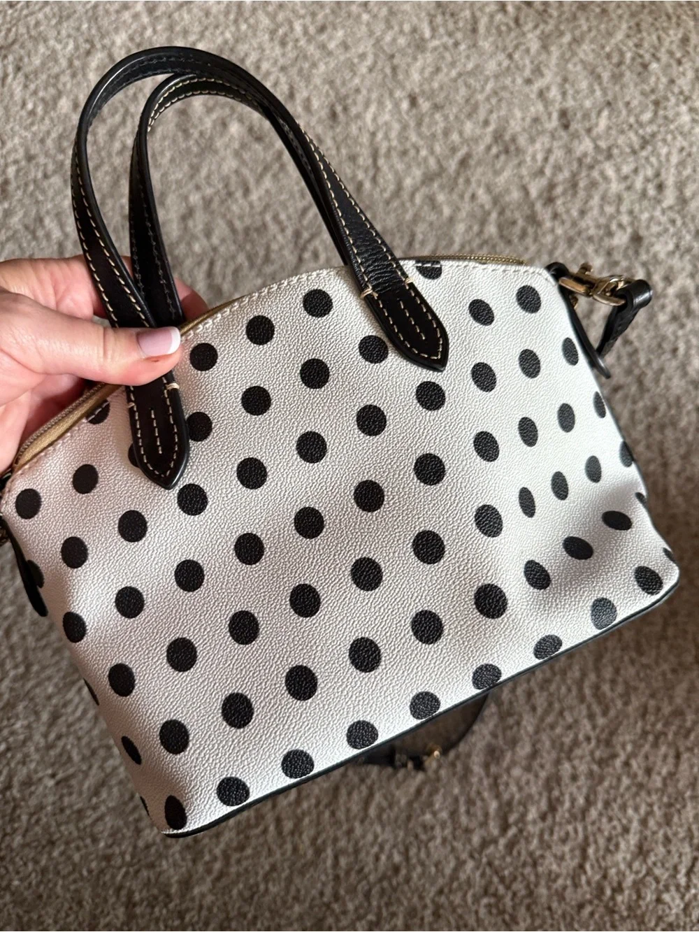 Dooney & Bourke White Polka Dot Satchel with Black Trim